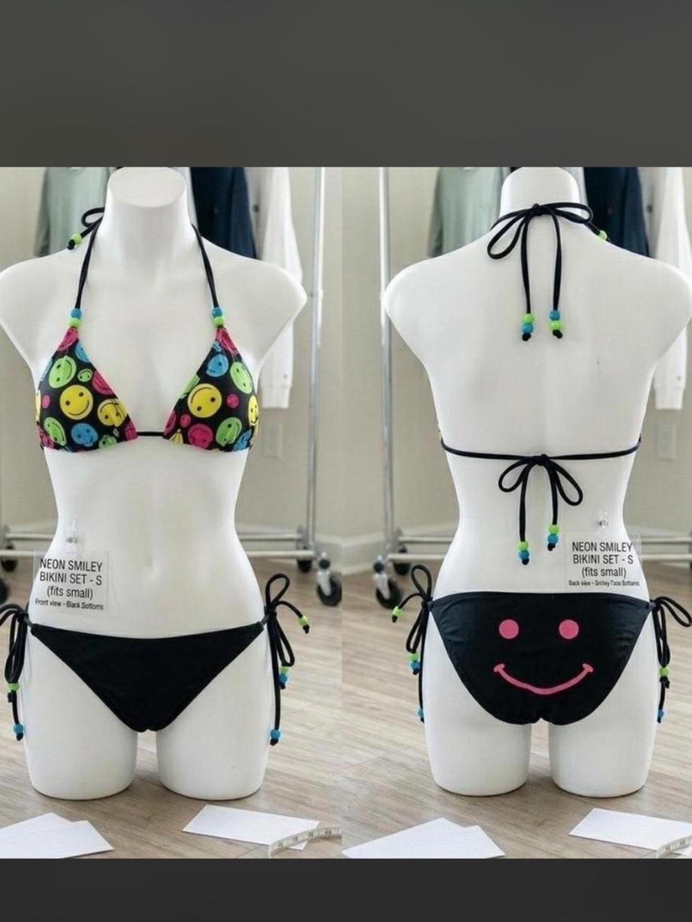 Neon Smiley Triangle String Bikini - Black with Multicolor Smiley Print